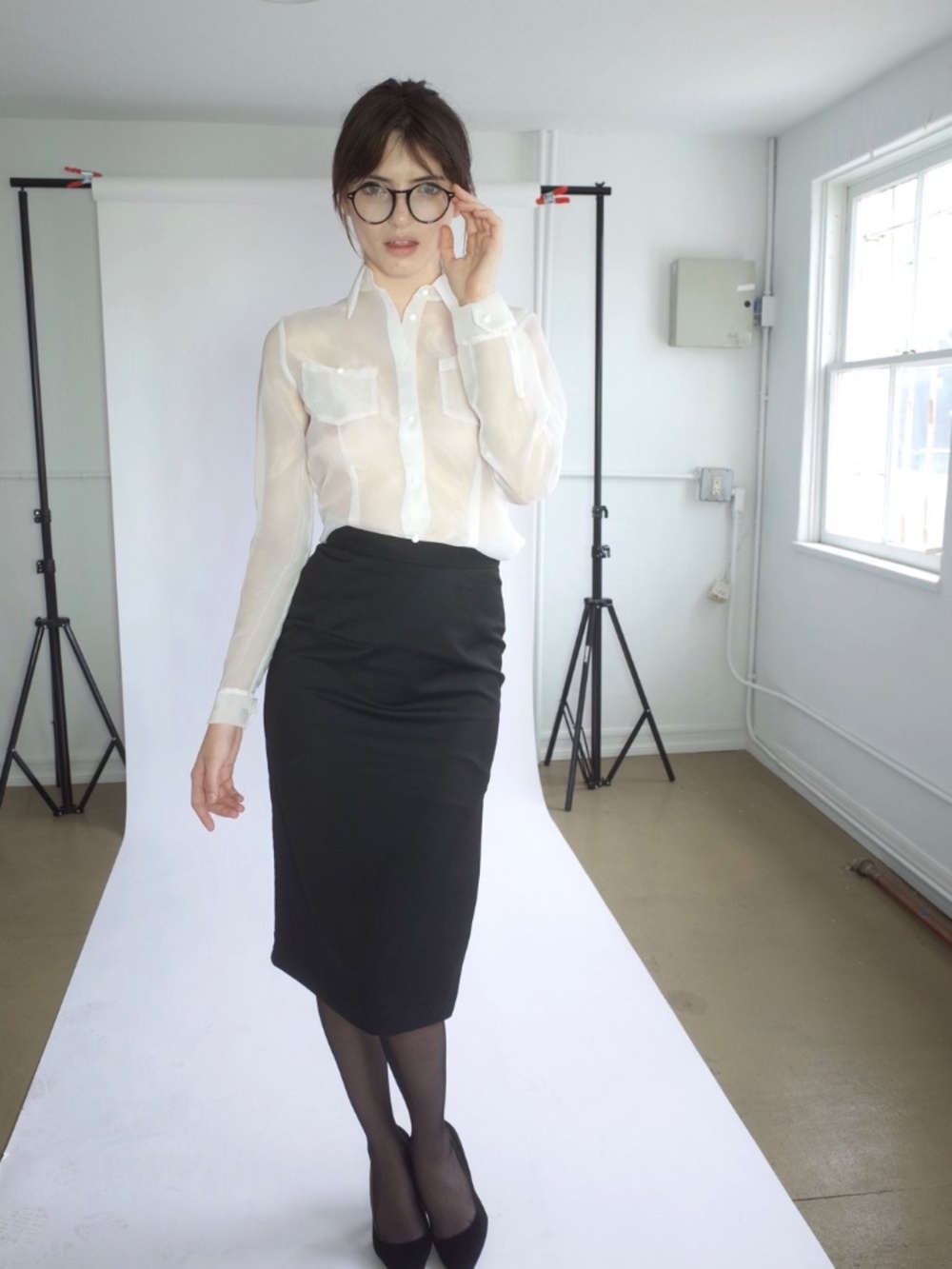 L’ecole desFemmes M organza sheer white secretary blouse button up shirt